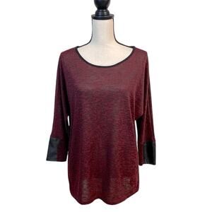 Slinky Brand Wine/Black Dolman Sleeve Top With Faux Leather Trim Size Medium